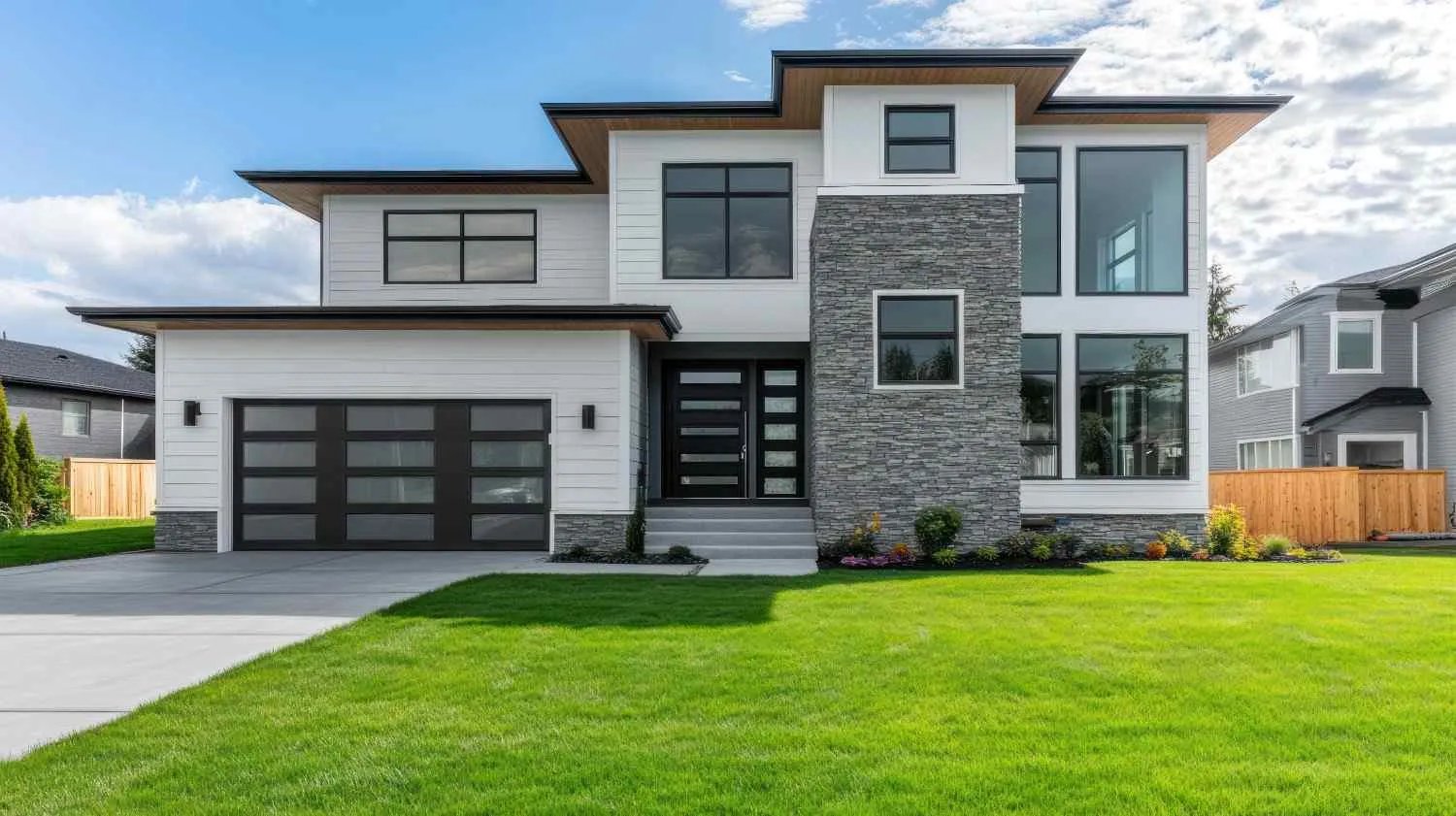 Modern two story house with a garage and a green front lawn