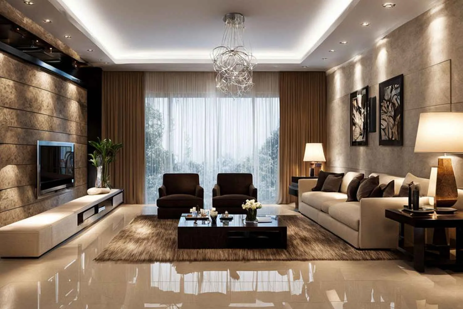 Furnished living room with a sofa, rug, lamps and a wall of curtains